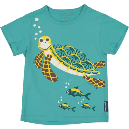 T-shirt enfant bleu vert tortue coton bio et écoresponsable recto