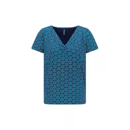 Chemise col V en coton bio, imprimé bleu, Gots