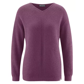 Pull violet chanvre et coton bio col V indémodable