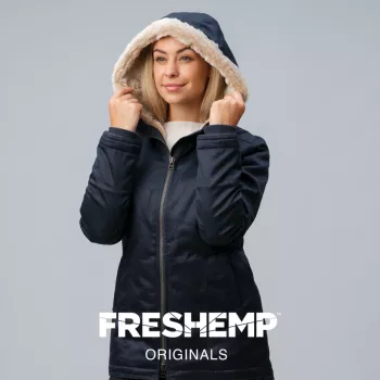 Veste en chanvre et coton bio bleu capuche fausse fourrure 