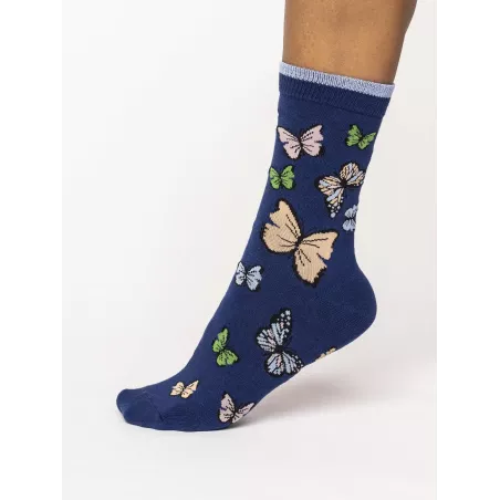 Chaussettes bleu nuit imprimés papillons 