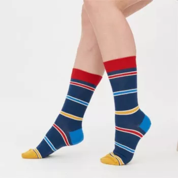 paire de chaussettes coton bio bleu marine et rayures colorées