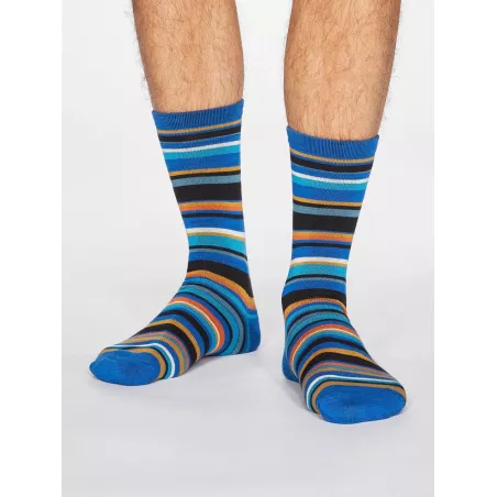 Chaussettes rayées bleu orange noir et blanc