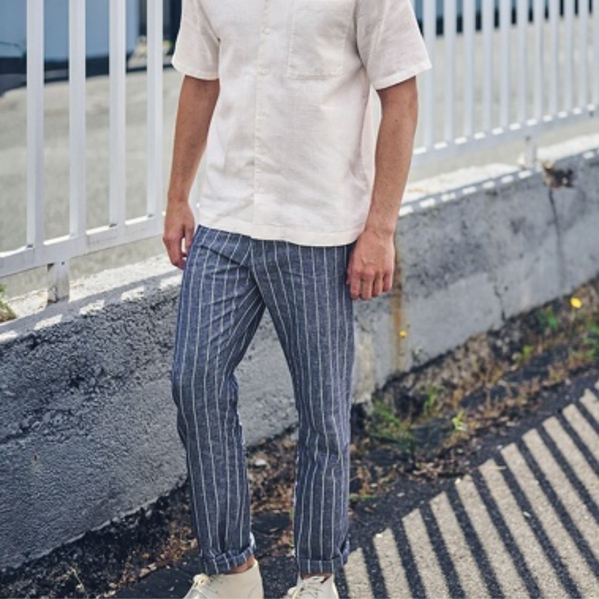 Pantalon rayé pour homme en chanvre et coton