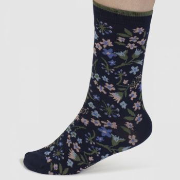 Coffret de 4 paires de chaussettes en bambou à motifs "floraux Flavia", bleu marine