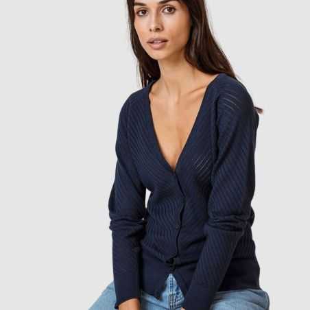 Gilet en coton tricoté pour femme avec décolleté - bleu profond 1