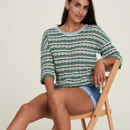 Pull pour femme en coton - maille crochet - aqua