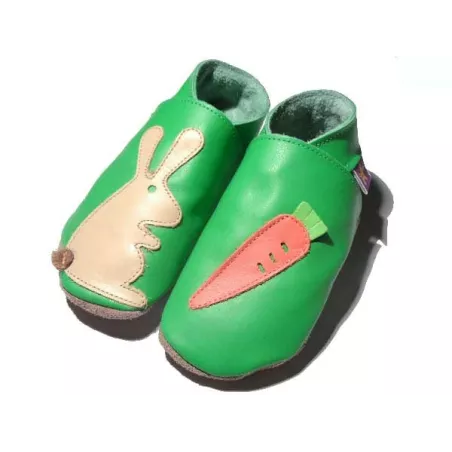 Chaussons cuir souple vert Lapin et Carotte