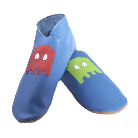 Chaussons cuir souple bleu Pacman 