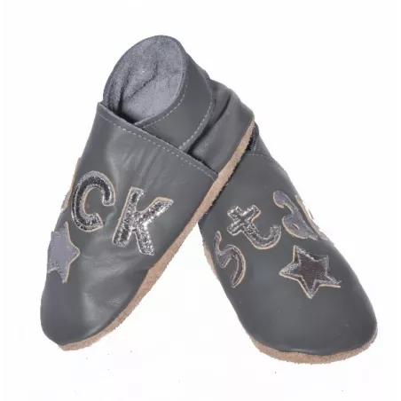 Chaussons cuir souple gris Rock star 