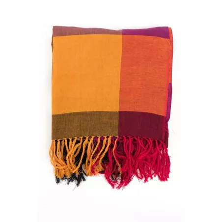 Cheche foulard style madras, coloré rouge, orangé et violet