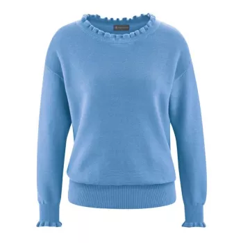Pull bleu clair col tricoté aux manches et encolures chanvre et coton bio
