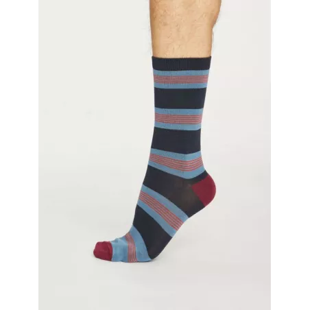 Chaussettes rayées homme en bambou et coton bio bleu et verte 