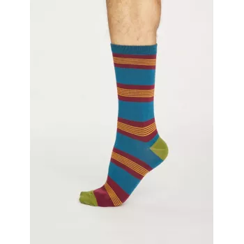 Chaussettes rayées homme en bambou et coton bio bleu et verte 