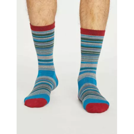 Chaussettes rayées homme en bambou et coton bio bleu, rouge et grises